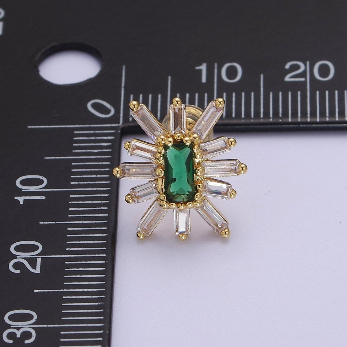 Emerald Green Cz Stud Earring Star Burst Clear Baguette Stud V-098