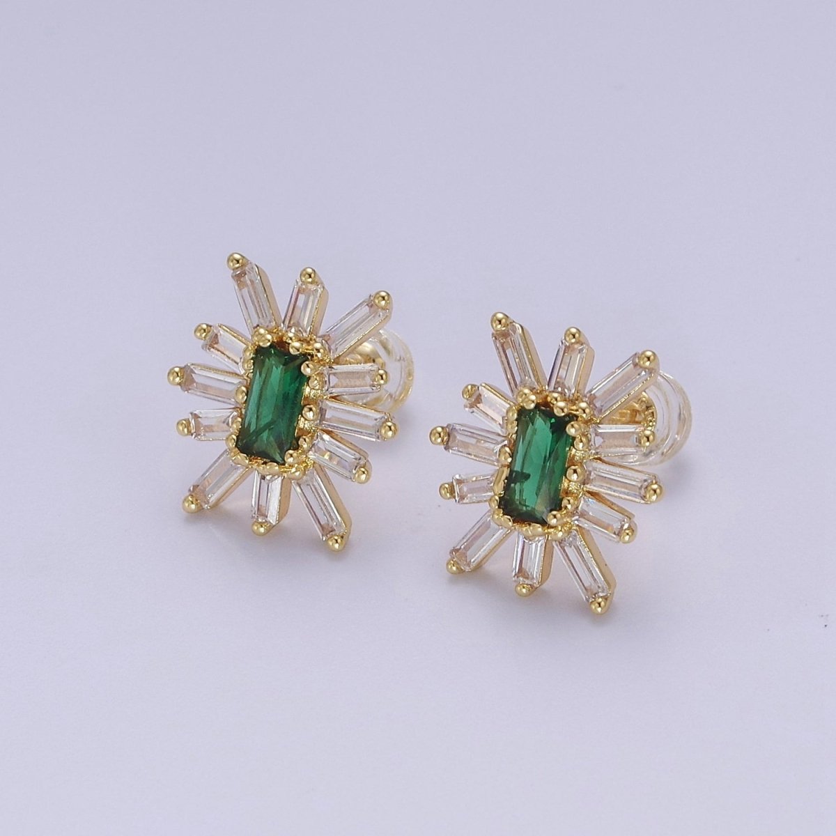 Emerald Green Cz Stud Earring Star Burst Clear Baguette Stud V-098