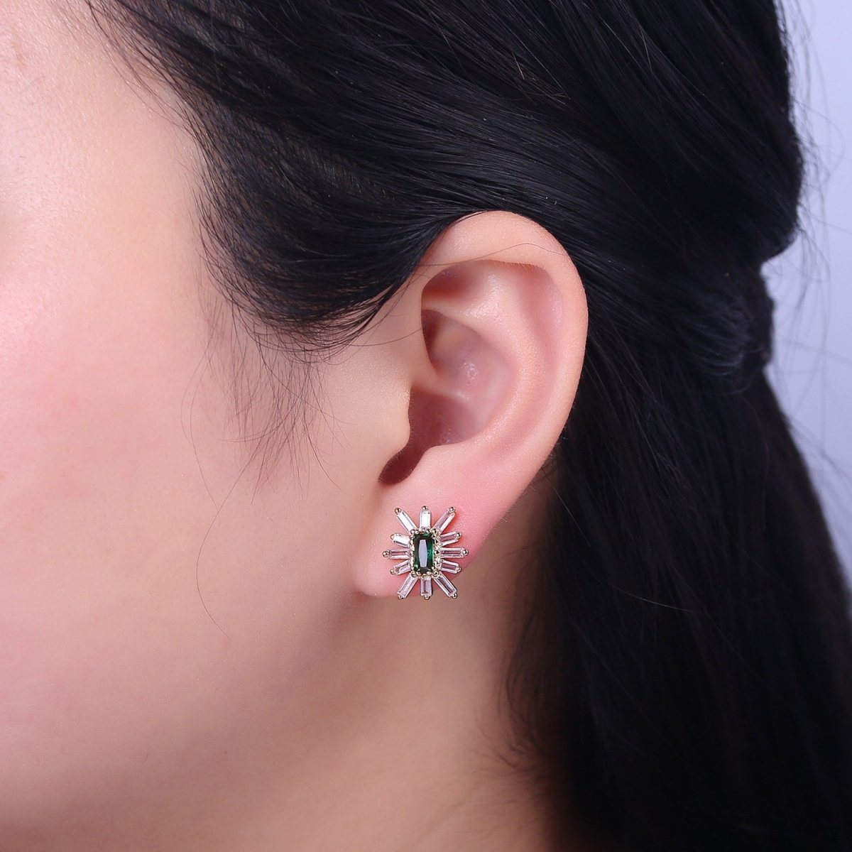 Emerald Green Cz Stud Earring Star Burst Clear Baguette Stud V-098
