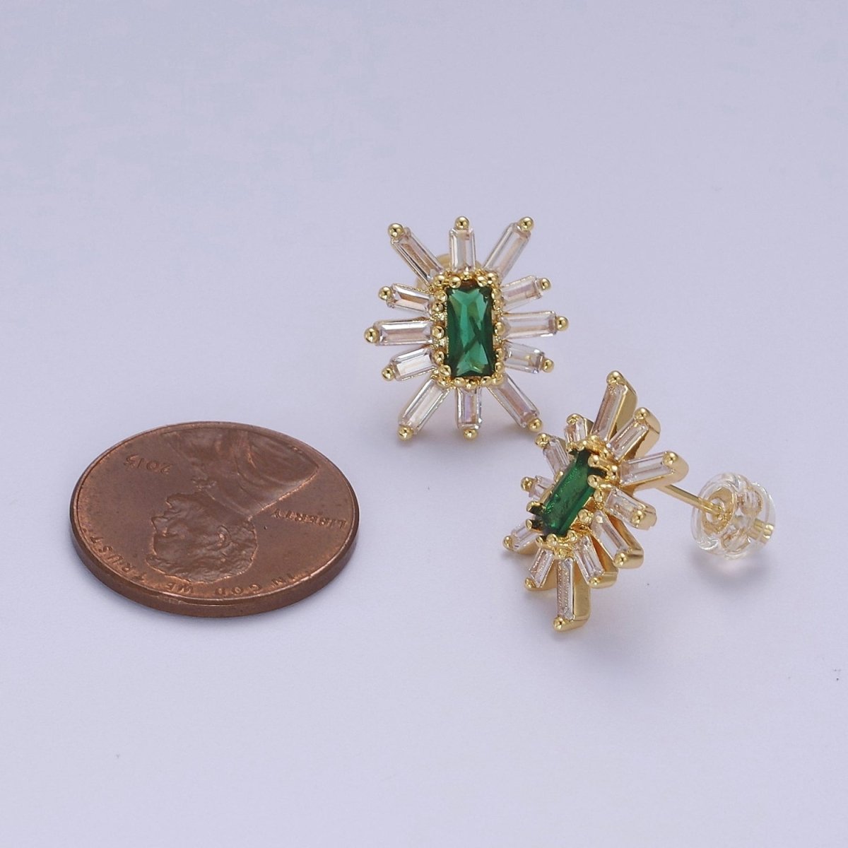 Emerald Green Cz Stud Earring Star Burst Clear Baguette Stud V-098