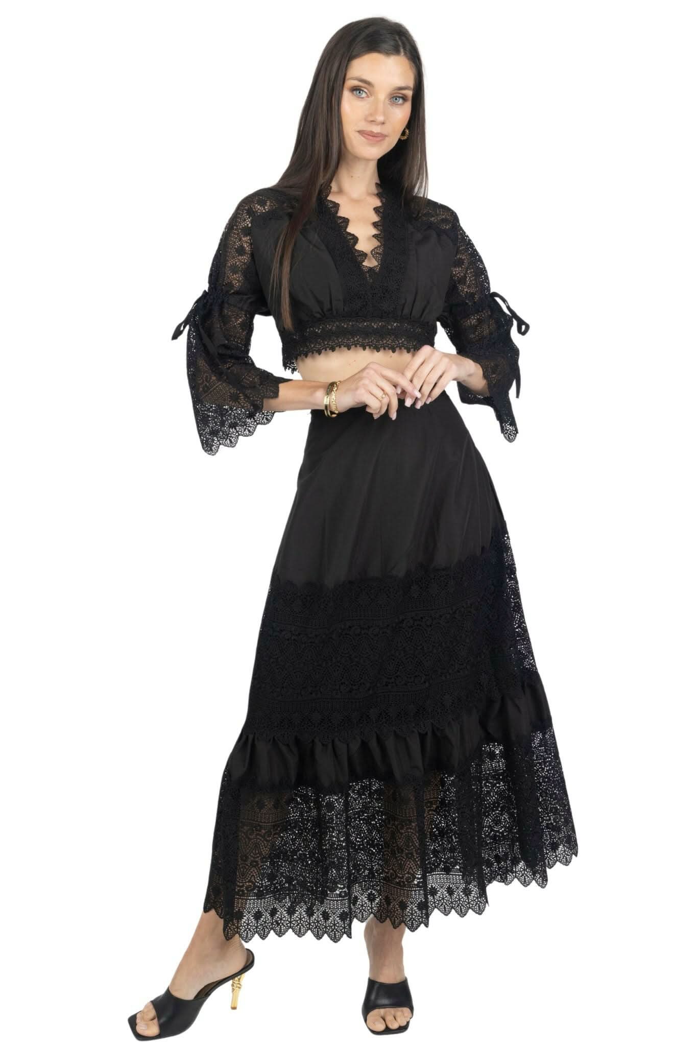 Emily Guipure Lace Top & Maxi Skirt Set In Black