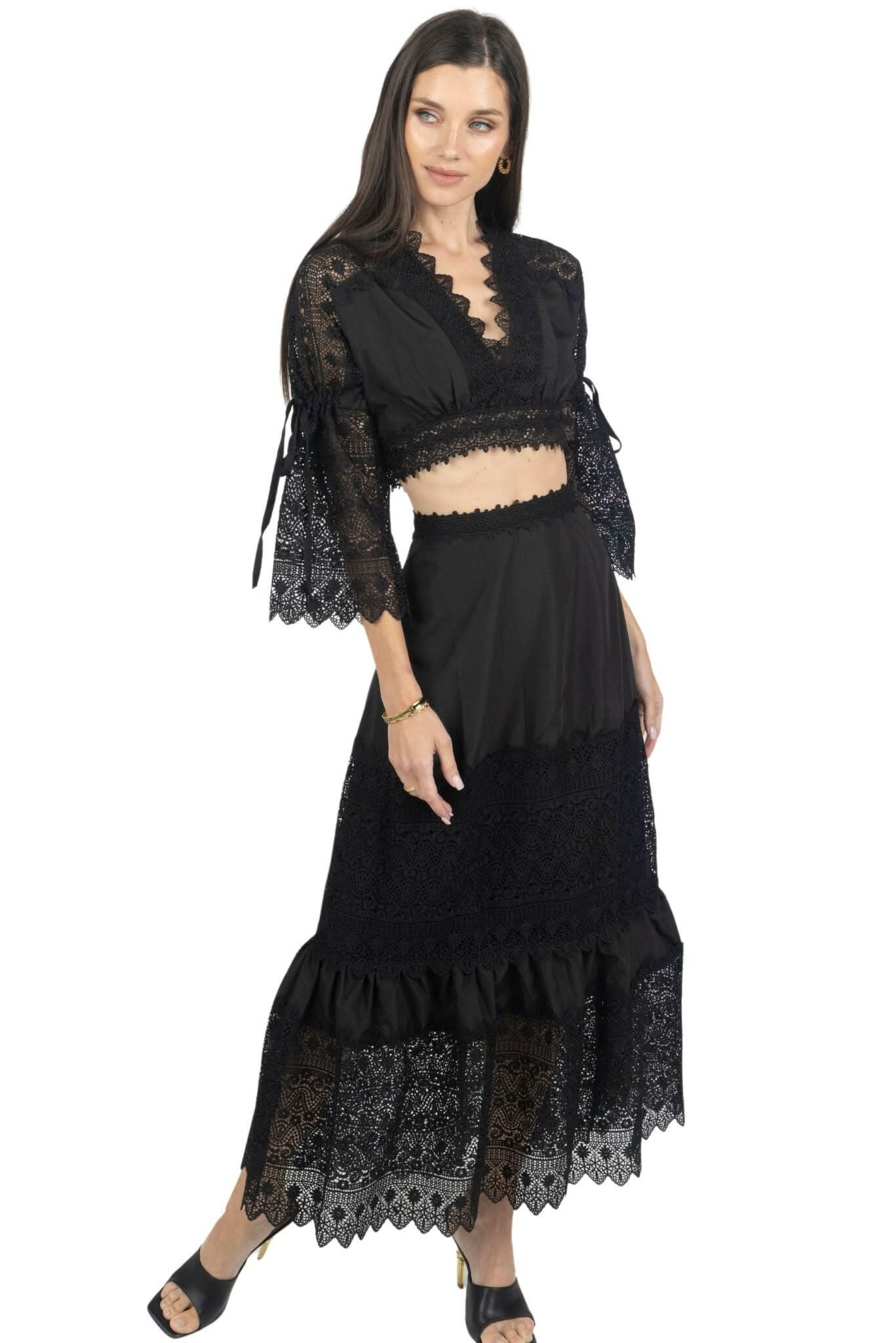 Emily Guipure Lace Top & Maxi Skirt Set In Black