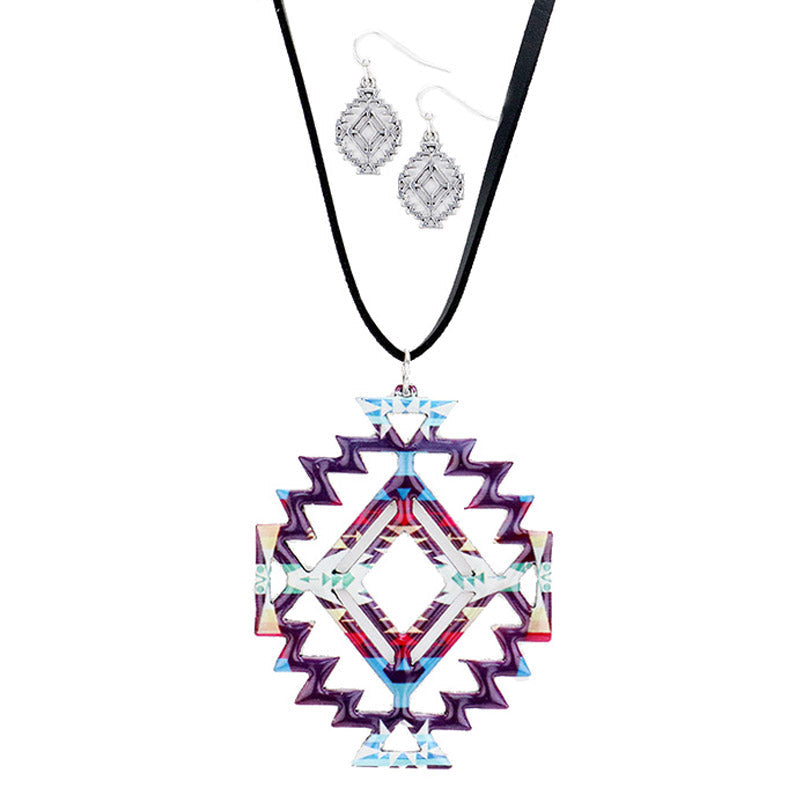 Enamel Aztec Pattern Pendant Leather Long Necklace Earrings