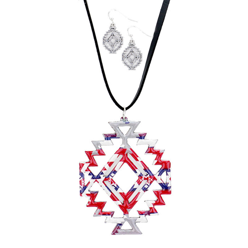 Enamel Aztec Pattern Pendant Leather Long Necklace Earrings