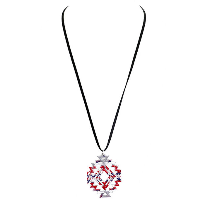 Enamel Aztec Pattern Pendant Leather Long Necklace Earrings