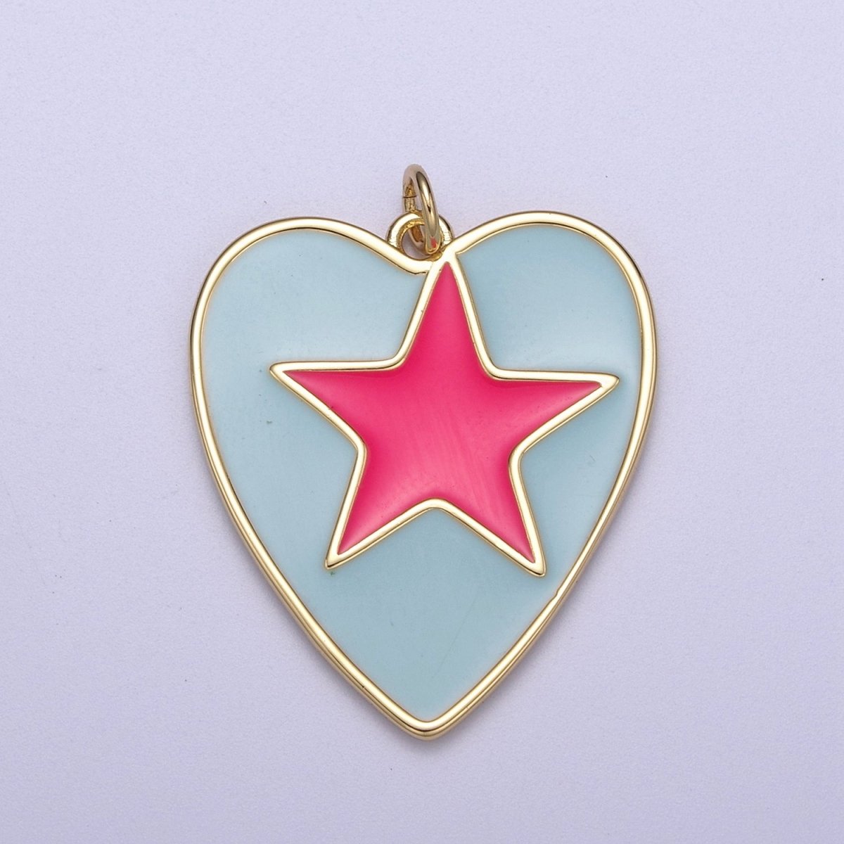 Enamel Colorful Five Point Star On Heart Shape Pendant, 14K Gold Filled Blue Enamel Charm N-300
