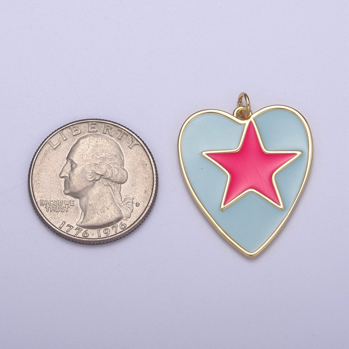 Enamel Colorful Five Point Star On Heart Shape Pendant, 14K Gold Filled Blue Enamel Charm N-300
