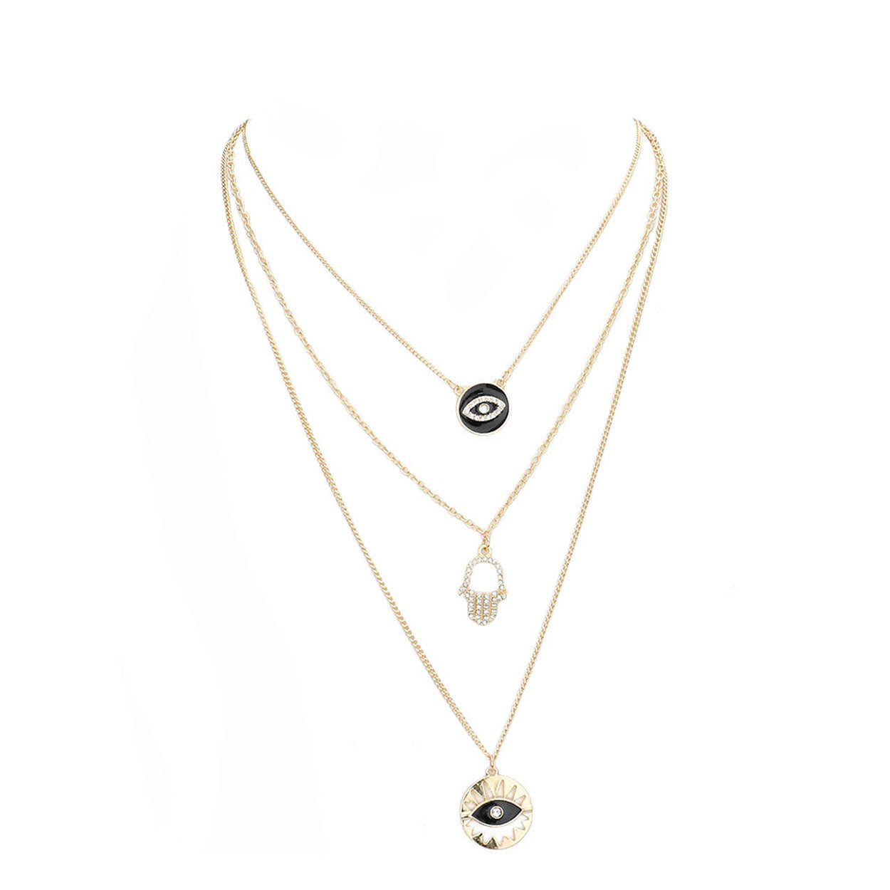 Enamel Rhinestone Evil Eye Hamsa Charm Triple Layer Necklace