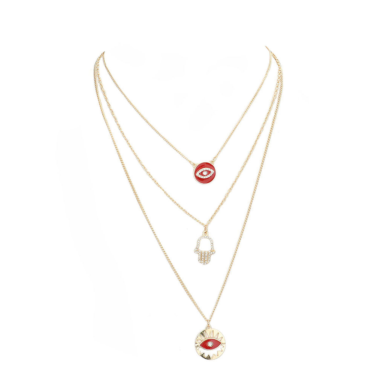 Enamel Rhinestone Evil Eye Hamsa Charm Triple Layer Necklace