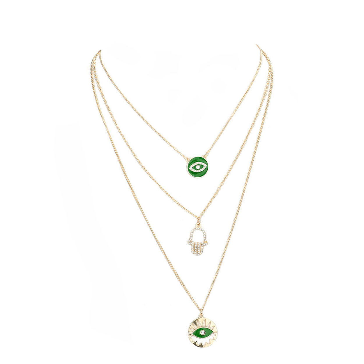 Enamel Rhinestone Evil Eye Hamsa Charm Triple Layer Necklace
