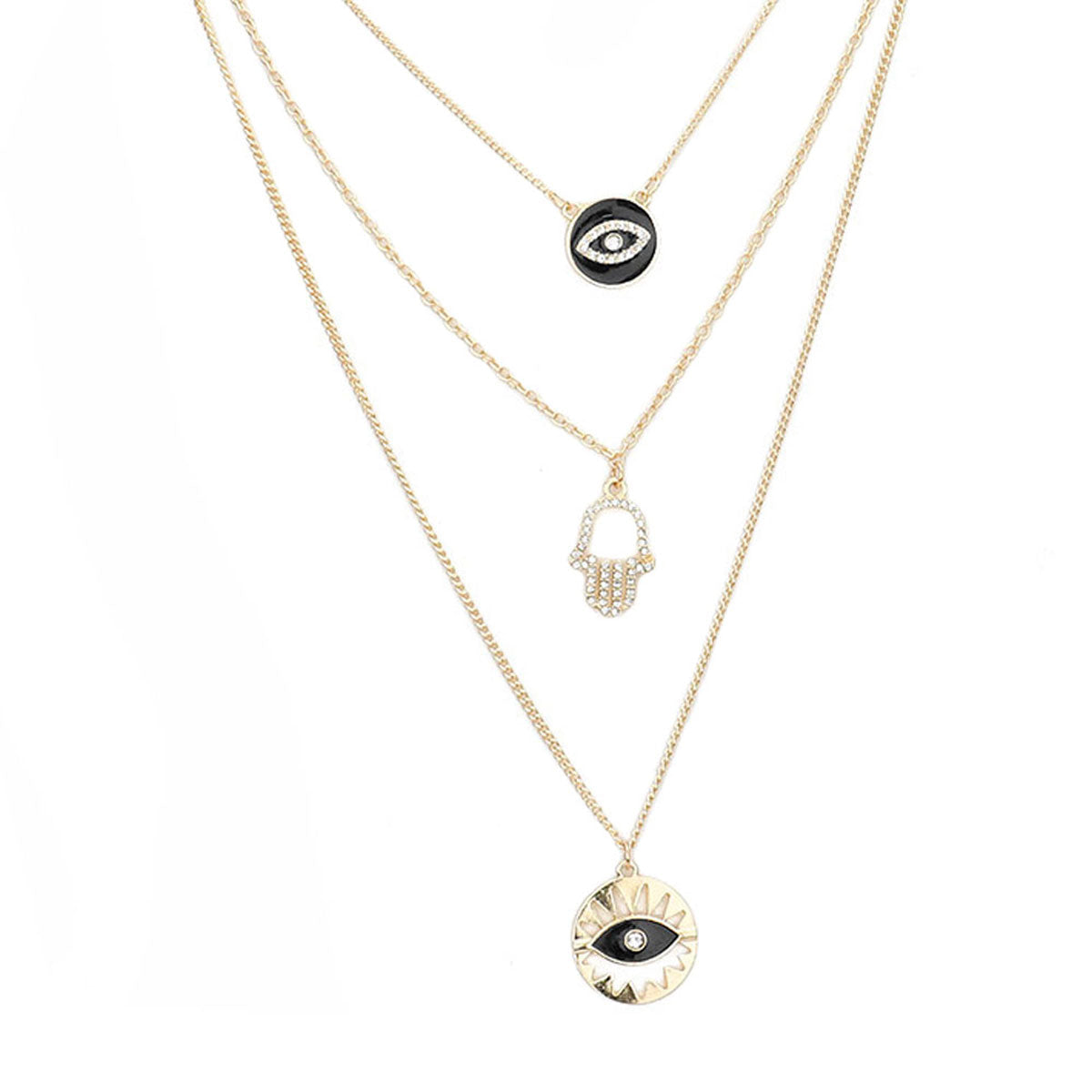 Enamel Rhinestone Evil Eye Hamsa Charm Triple Layer Necklace