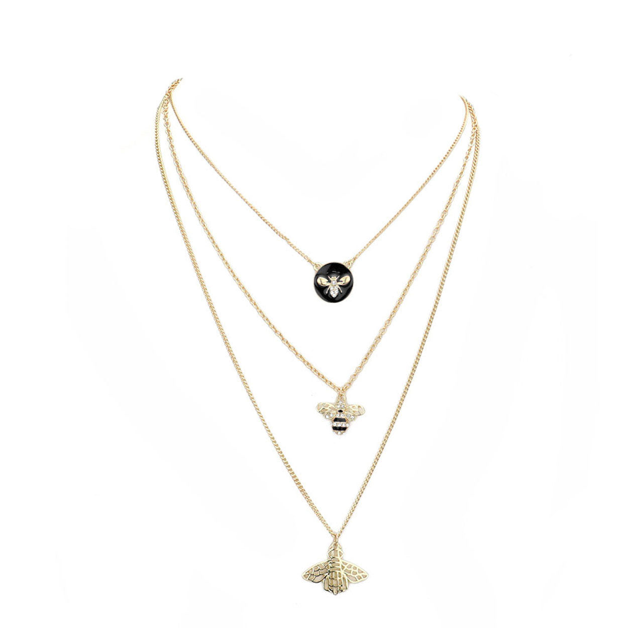 Enamel Rhinestone Honey Bee Pendant Triple Layered Necklace