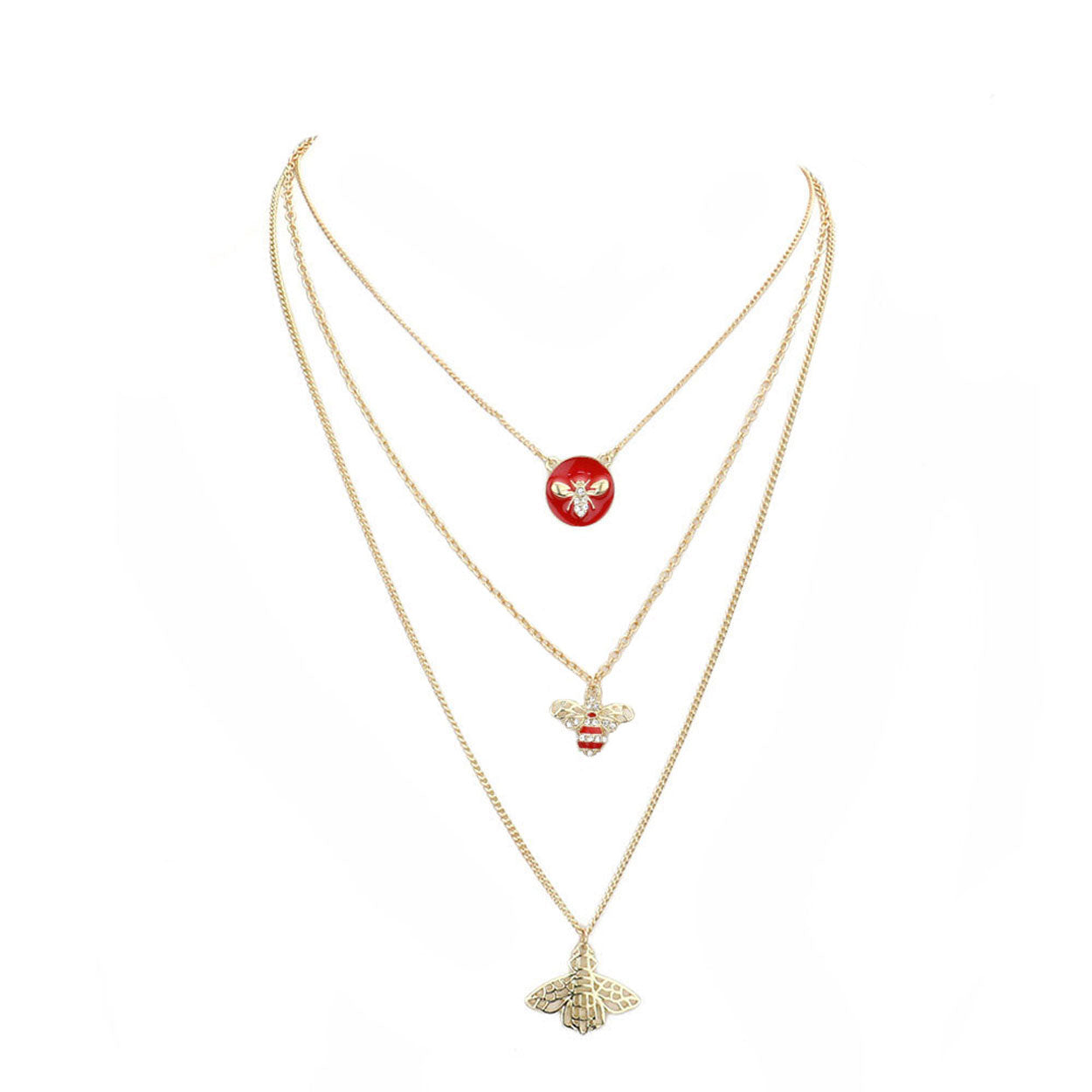 Enamel Rhinestone Honey Bee Pendant Triple Layered Necklace