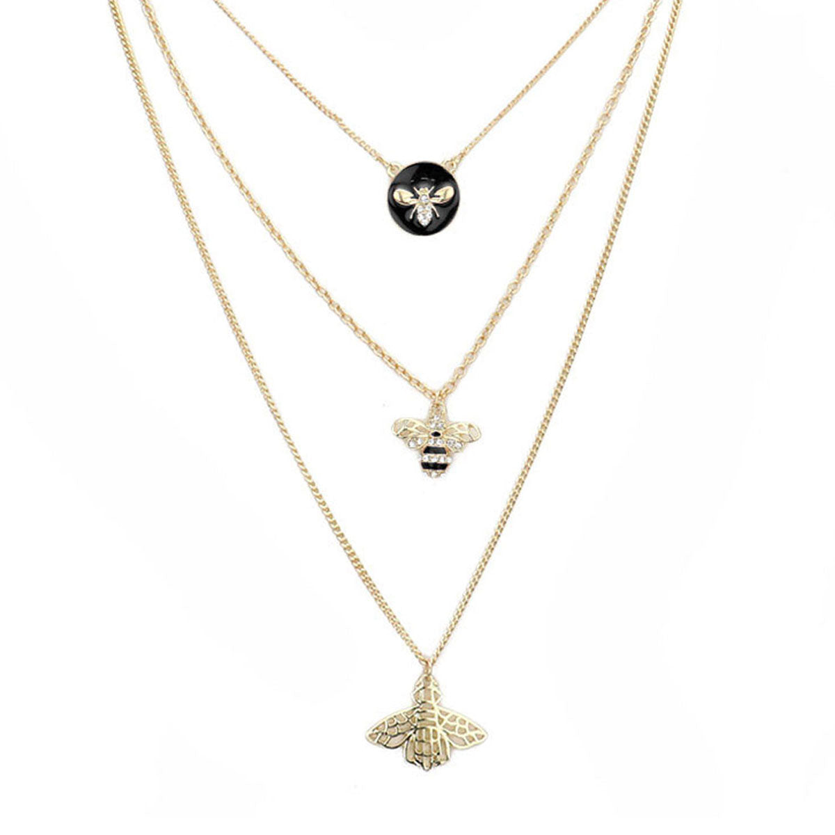 Enamel Rhinestone Honey Bee Pendant Triple Layered Necklace