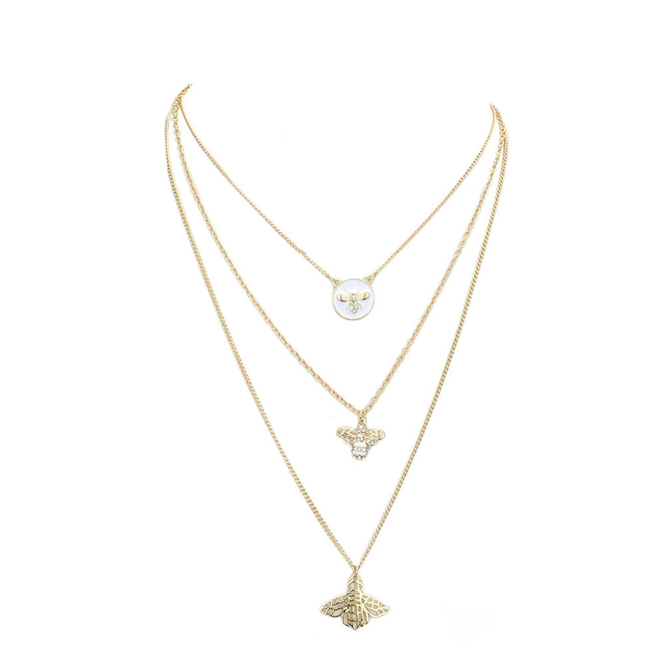 Enamel Rhinestone Honey Bee Pendant Triple Layered Necklace