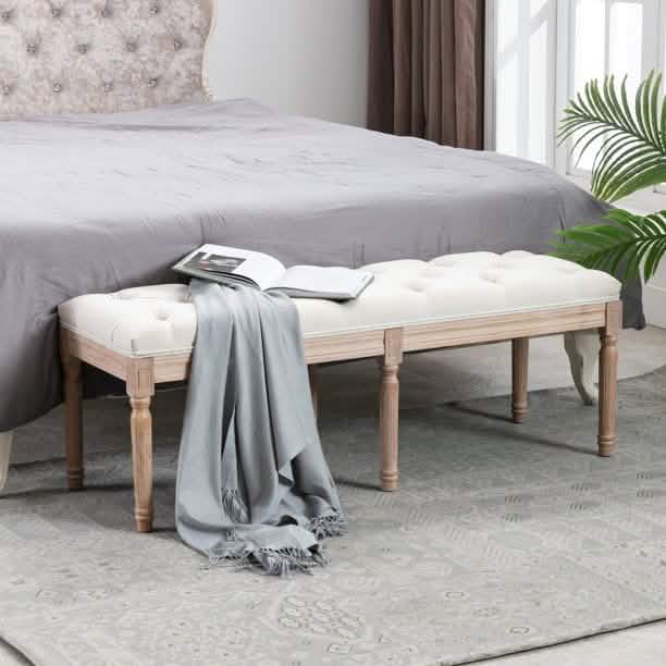 Banc rembourré de bout de lit, banc d'entrée, banc français avec pieds en hévéa