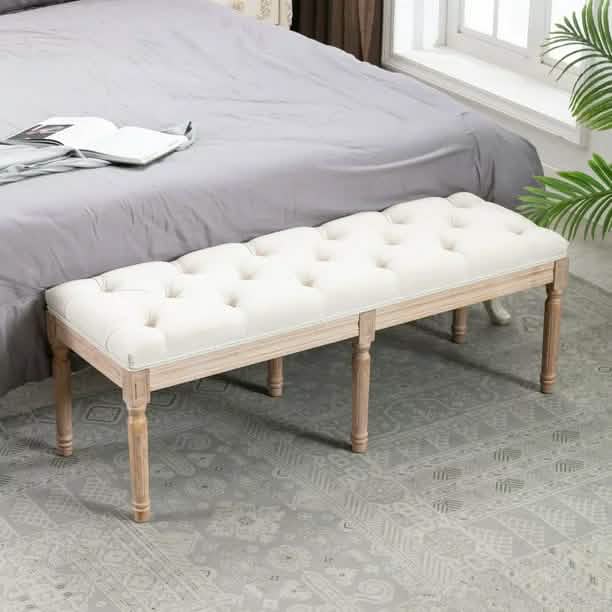 Banc rembourré de bout de lit, banc d'entrée, banc français avec pieds en hévéa