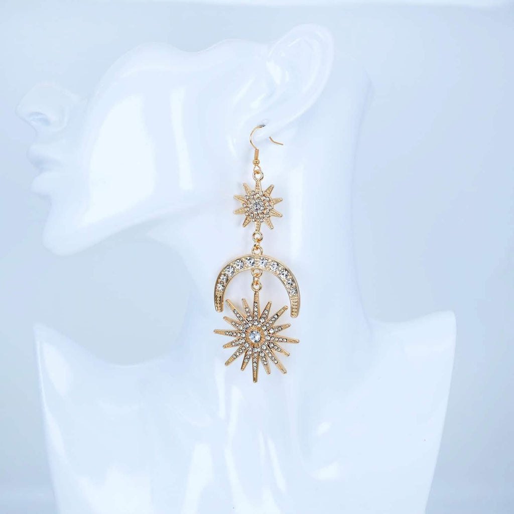 Boucles d'oreilles pendantes étoiles, lune et soleil de luxe exagéré