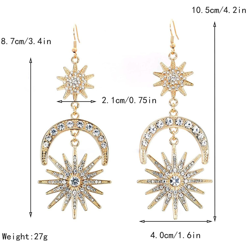 Boucles d'oreilles pendantes étoiles, lune et soleil de luxe exagéré