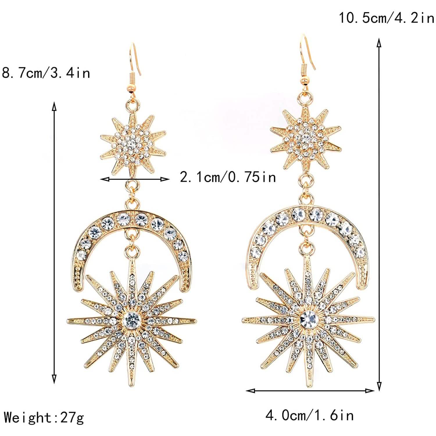 Boucles d'oreilles pendantes étoiles, lune et soleil de luxe exagéré