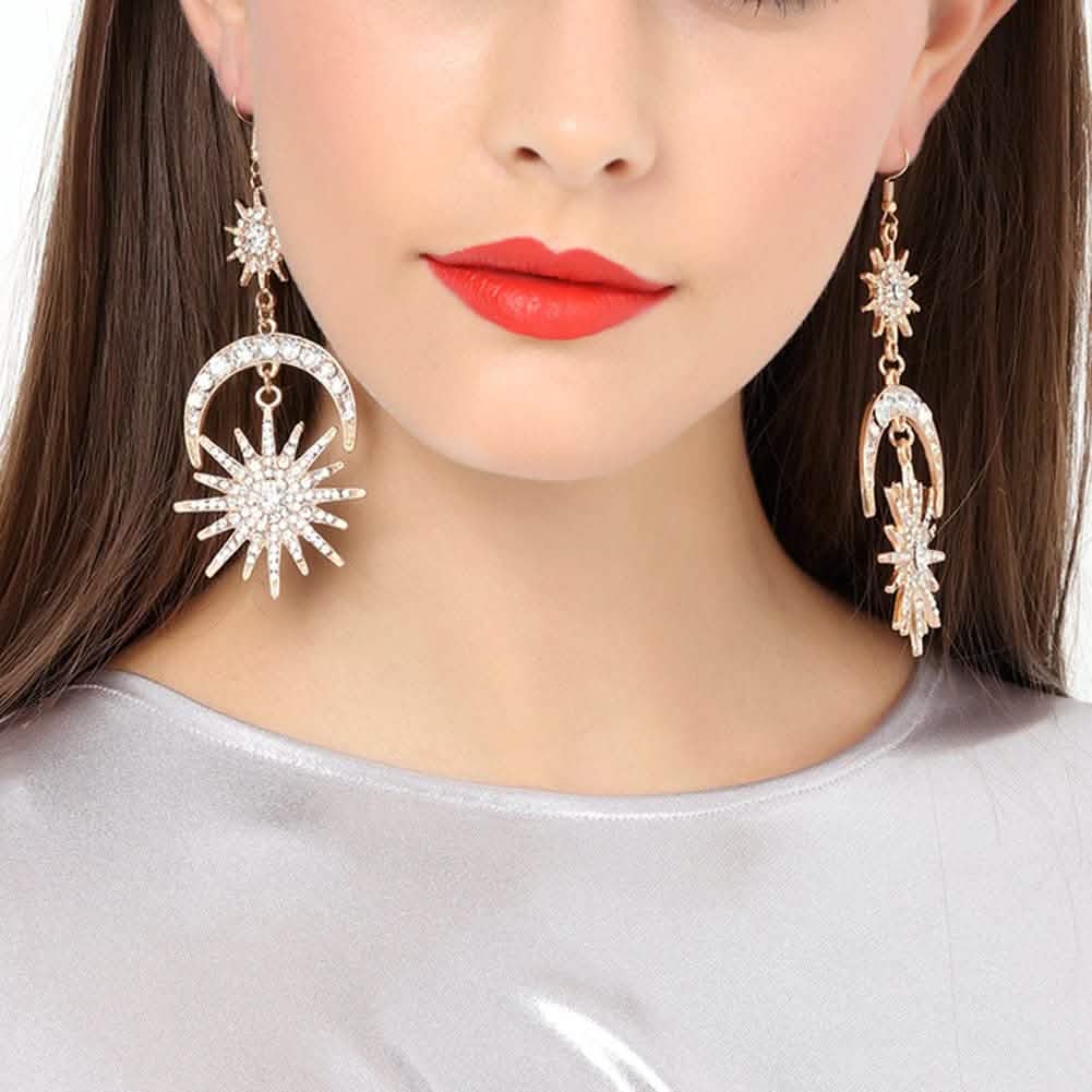 Boucles d'oreilles pendantes étoiles, lune et soleil de luxe exagéré