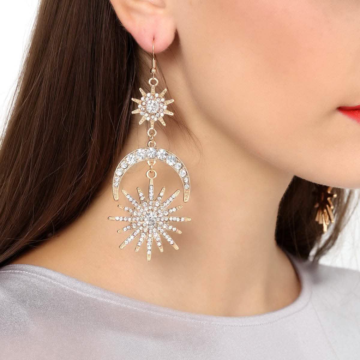 Boucles d'oreilles pendantes étoiles, lune et soleil de luxe exagéré