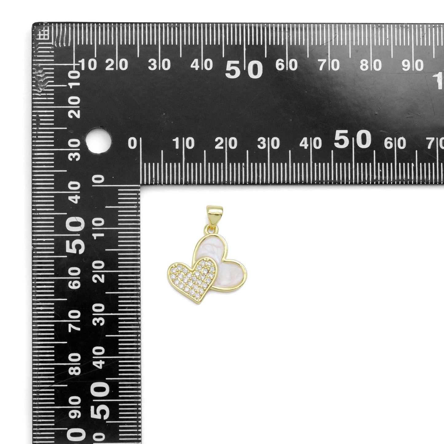 CZ Double Heart White Enamel Gold Charm, Sku#LK923