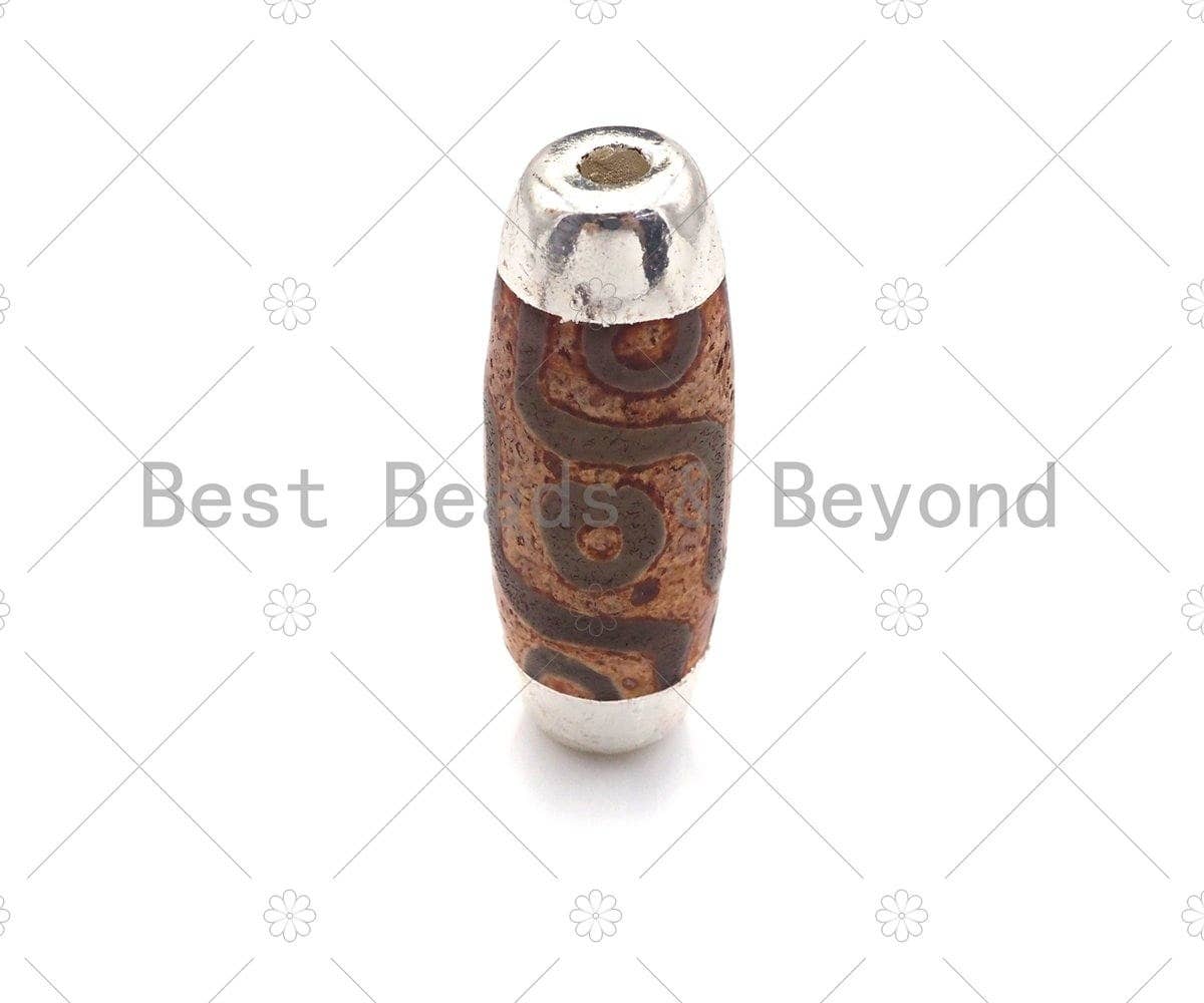 16x39mm Large Natural Tibetan Agate Barrel Shape Spacer Beads, Silver Wrap Finish, Oval Tibetan Agate Beads, sku#U962