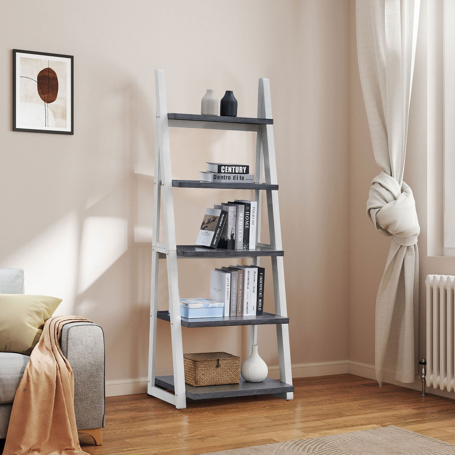 5-Tier Shelves with Rubber Wood Frame