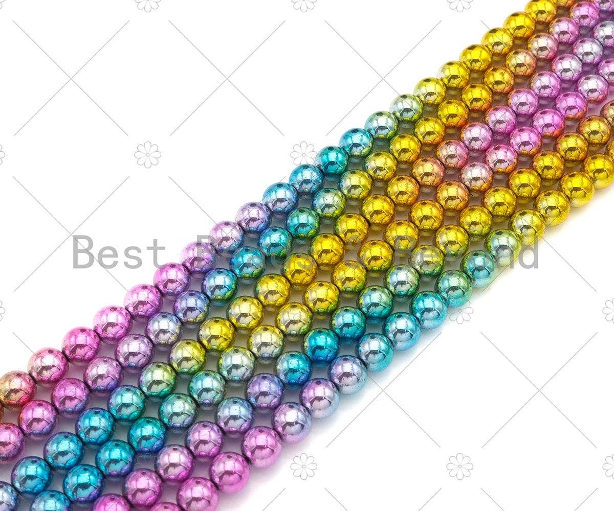 NEW!!! Rainbow Natural Hematite Round Smooth Beads, Gold Green Purple Blue Pink Color 4mm/6mm/8mm Hematite, 15.5'' Full Strand, Sku#S136