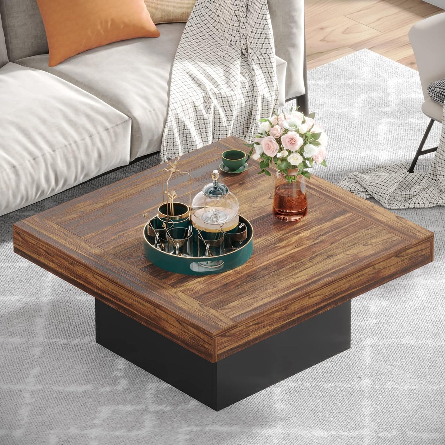 35.4 Inches Farmhouse Square LED Coffee Table – Rustic