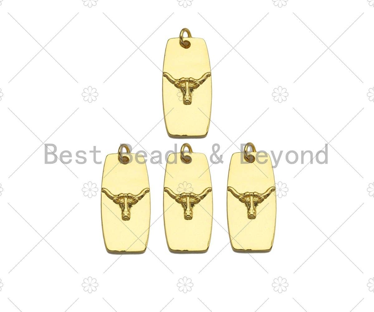 18K Dainty Gold Cow Head On Rectangle Shape Pendant/Charm,Bull Head Medallion Charm, Necklace Bracelet Charm Pendant,12x25mm, Sku#LK253