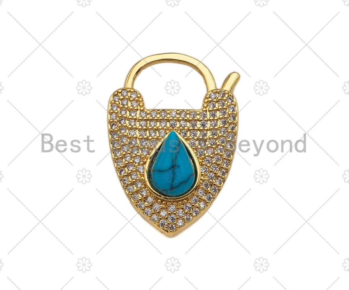 CZ Micro Pave Turquoise Padlock Clasp Charms, Heart CZ Padlock Clasp, Heart Chain Connector, Padlock Necklace Charms, 25x18mm, Sku#K160