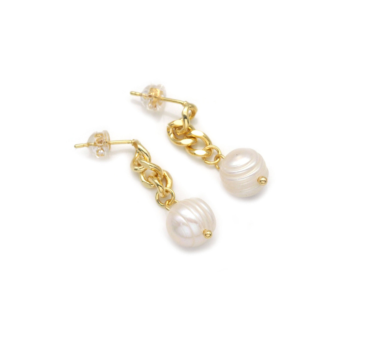 Cuban Link Chain Pearl Stud Earrings, Sku#J383