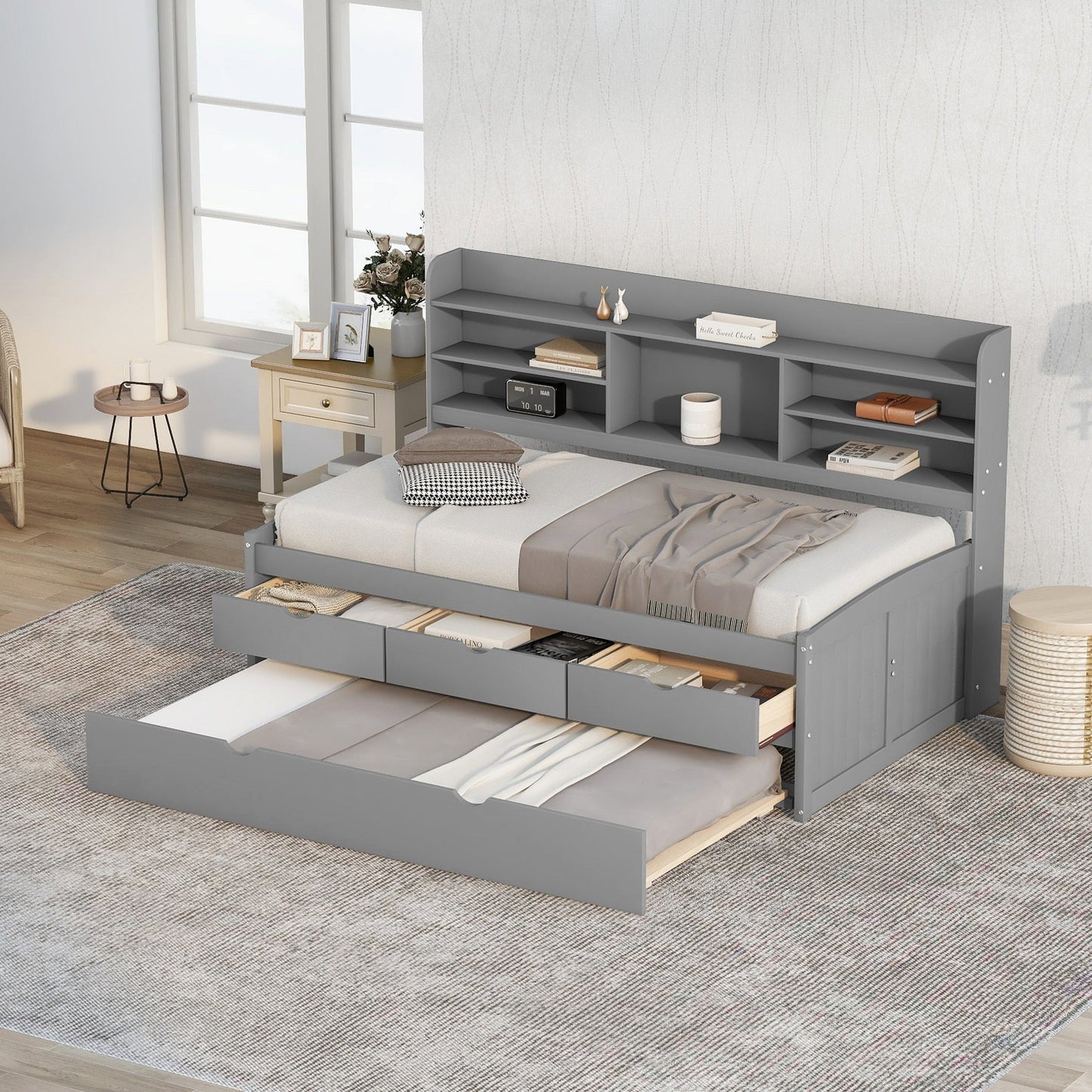 Twin Size Wooden Captain Bed with Built-in Bookshelves