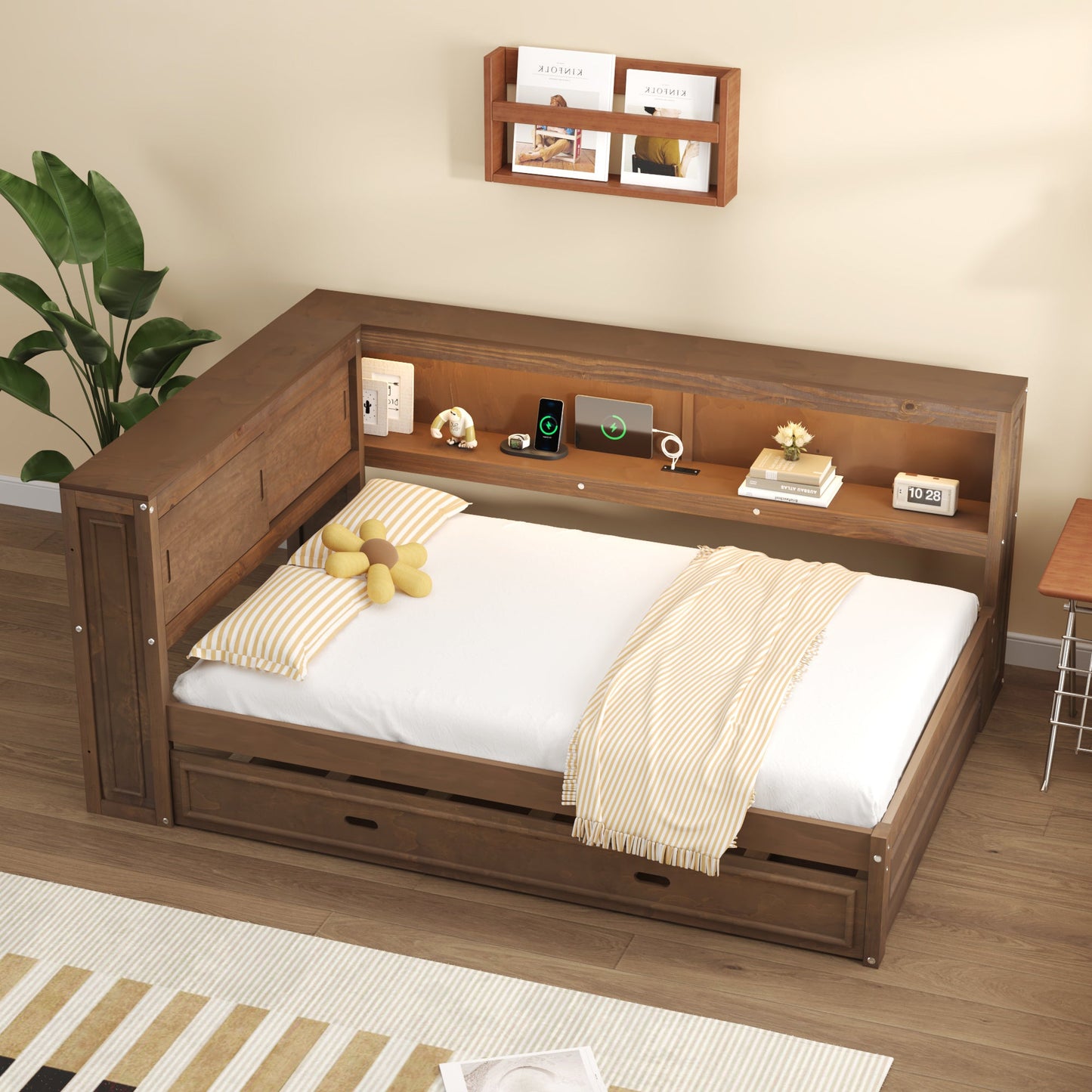Full Size Wood Daybed with Storage Shelves, USB, LED, and Trundle