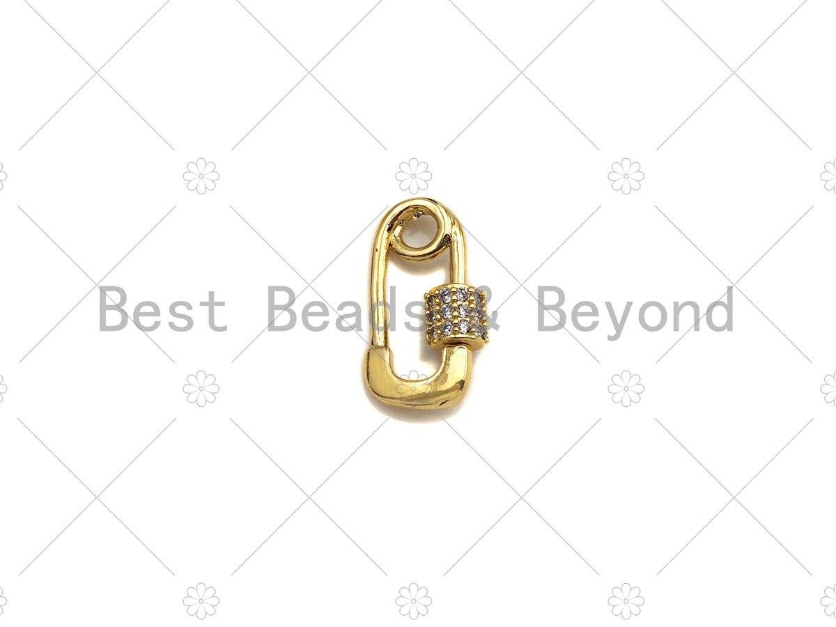 Small 18K Gold Clear CZ Micro pave Safety Pin Shape Clasp, Carabiner Clasp Safety pin, Paper clip Chain connector clasp, 8x14mm, sku#LK12