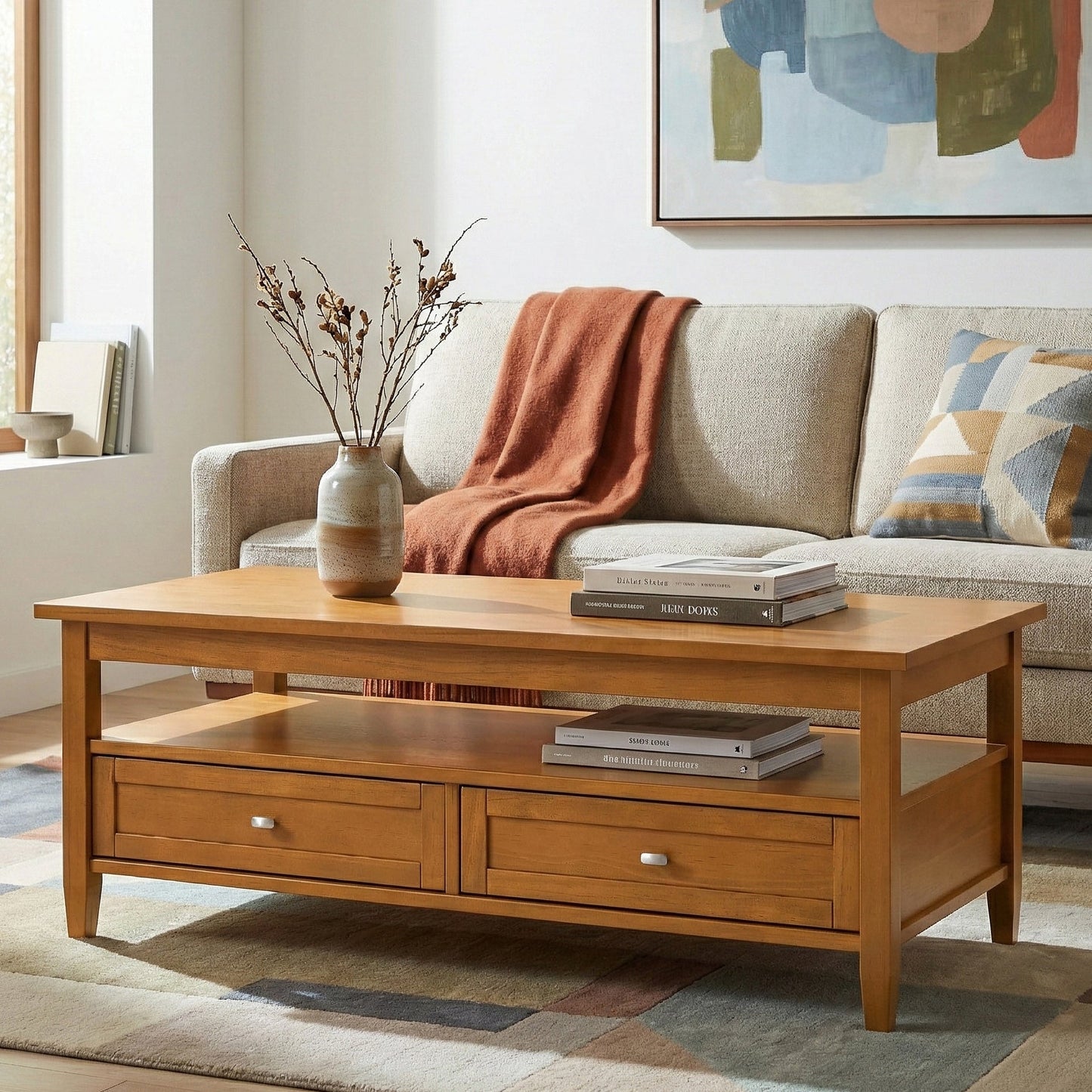 Warm Shaker Solid Wood 48 Inch Wide Transitional Coffee Table
