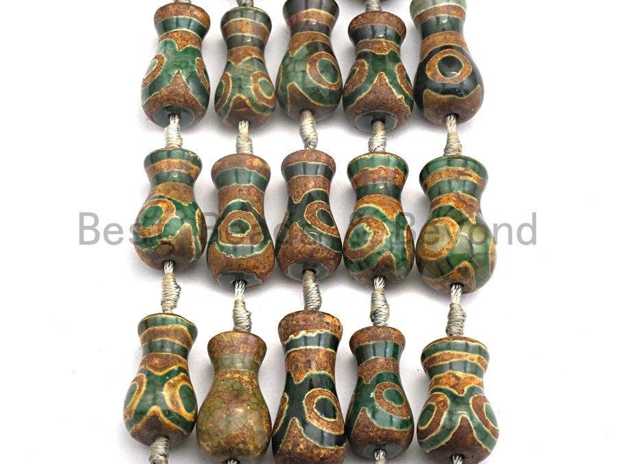 1pc/10pcs Etched Tibetan agate Vase Shape Beads, Dzi Agate Beads, Chunky Tibetan Agate, Green Brown Agate Beads, 15x25mm, Sku#U515