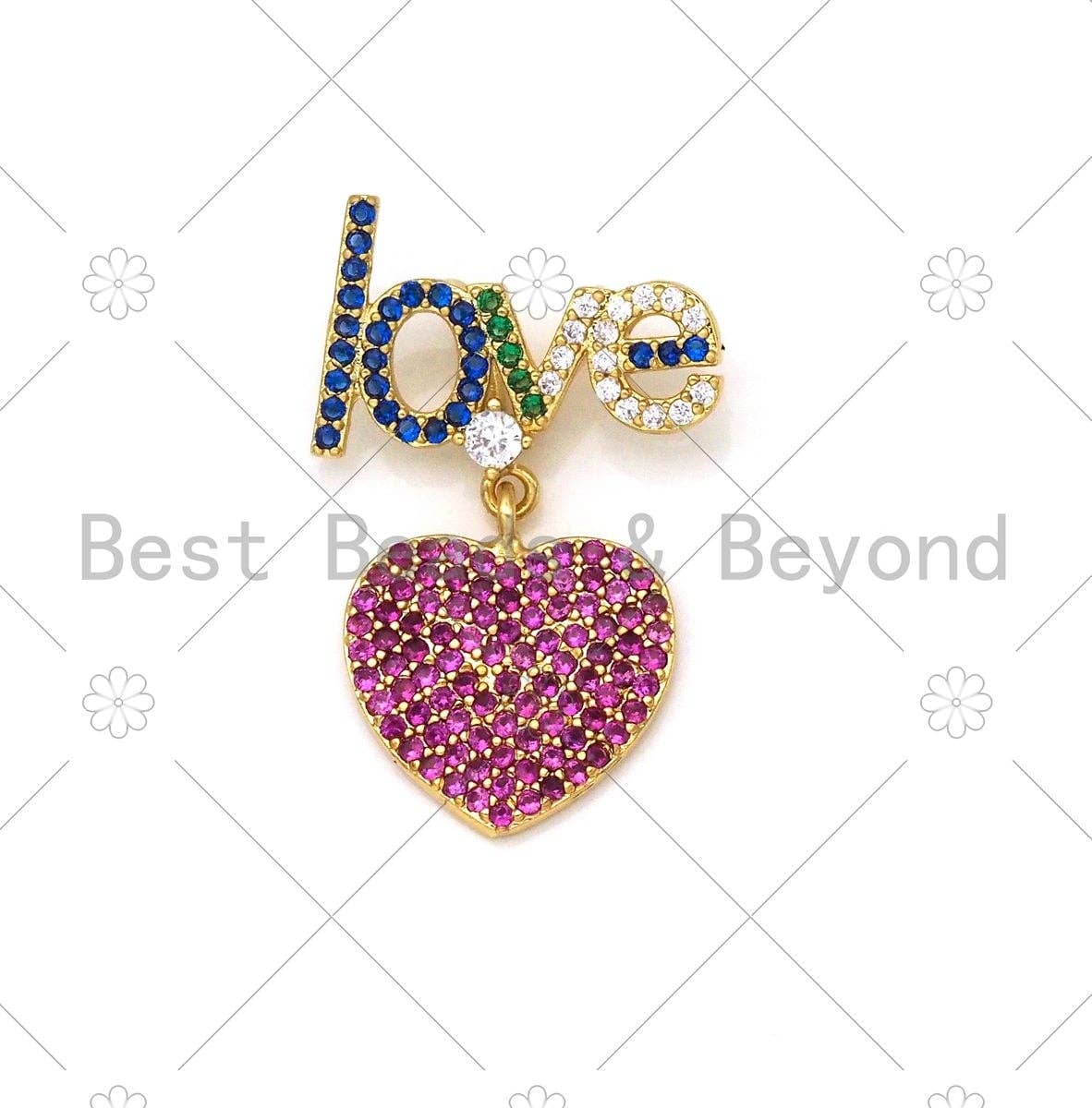 Colorful CZ Micro Pave Love Word With Fuchsia CZ Heart Shape Pendant,18K Gold Filled Love Charm,Necklace Bracelet Pendant,19x28mm,Sku#LK398