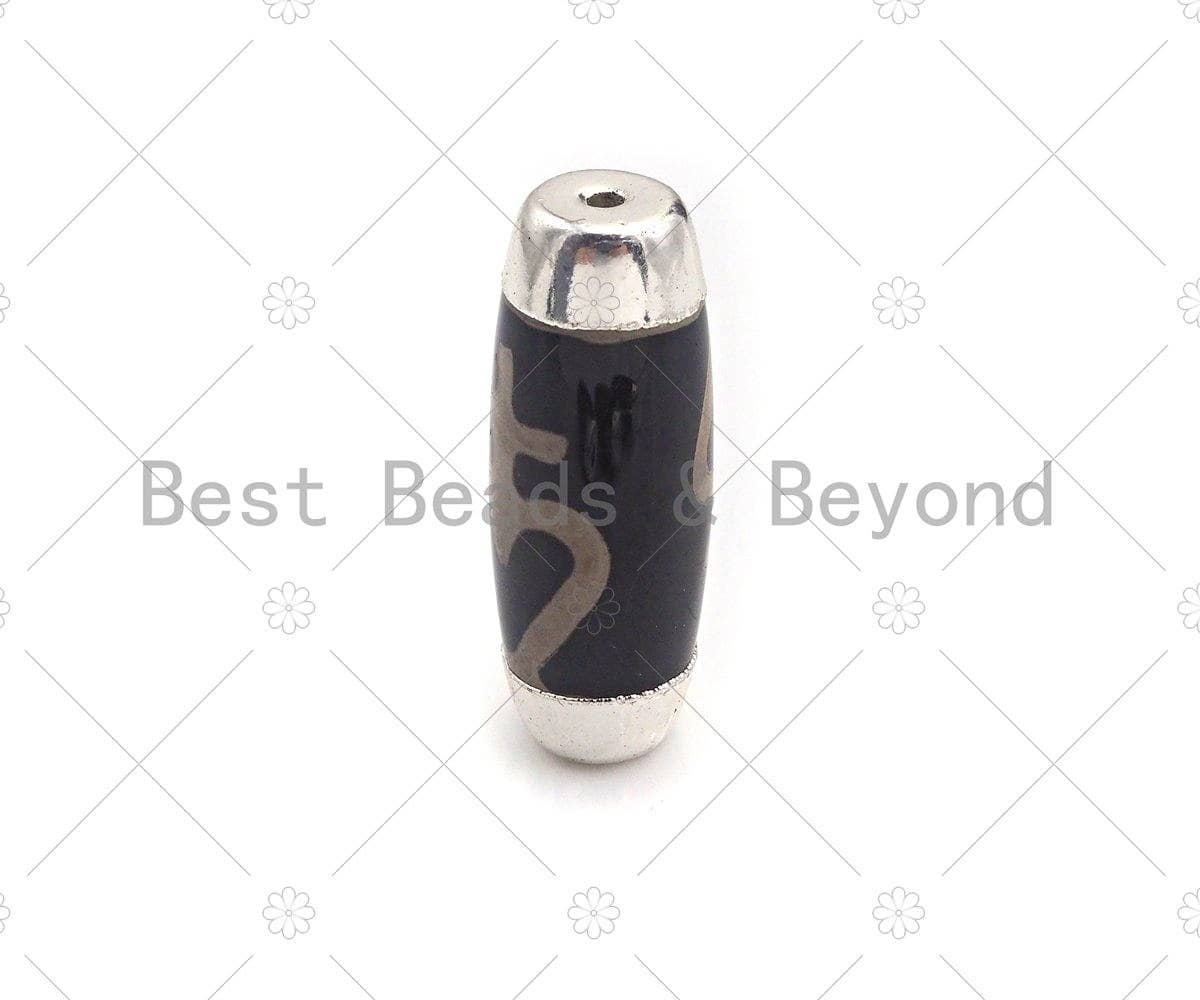 15x41mm Large Natural Tibetan Agate Barrel Shape Spacer Beads, Silver Wrap Finish, Oval Tibetan Agate Beads, sku#U960