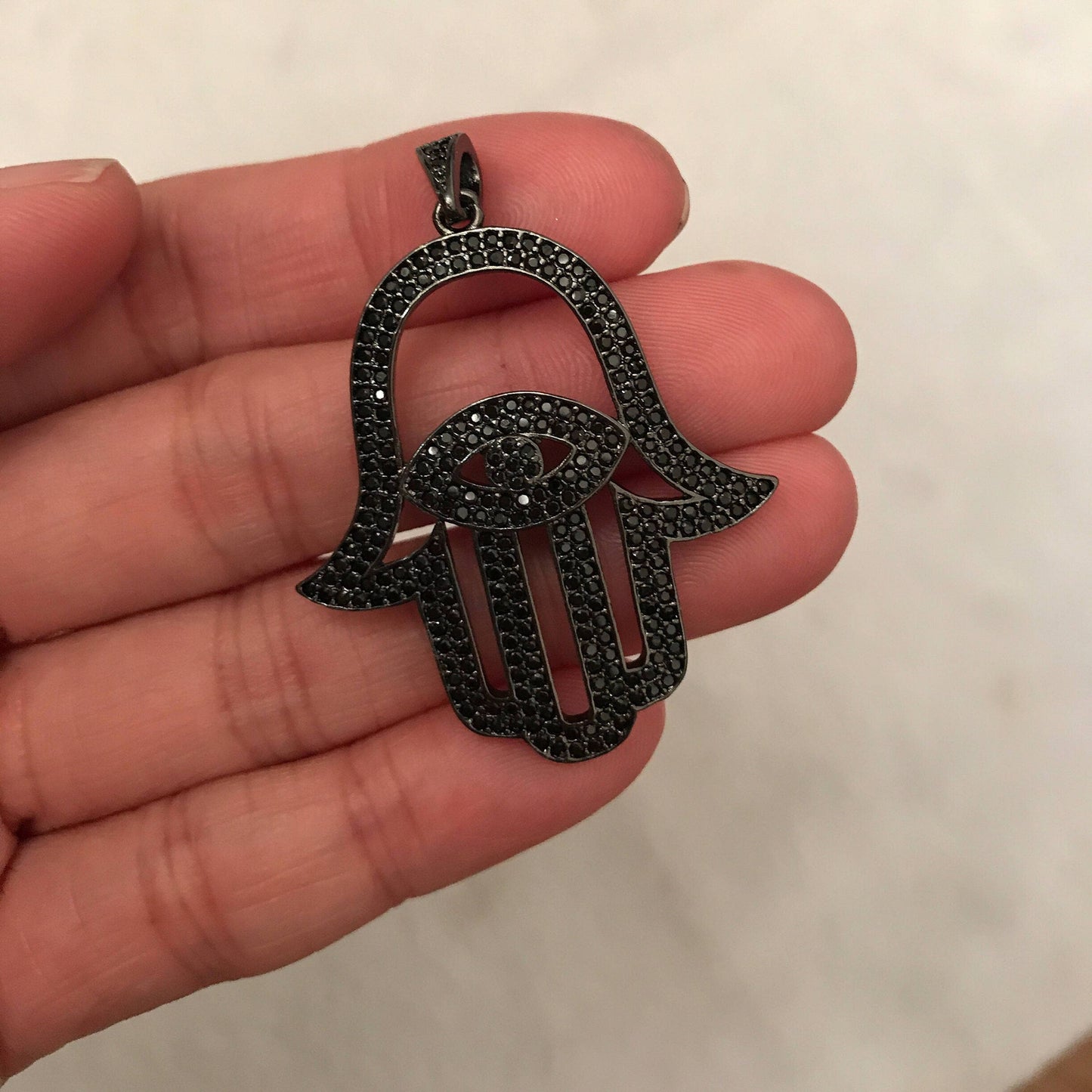 CZ Micro Pave Hamsa Hand with Evil Eye Pendant, F221
