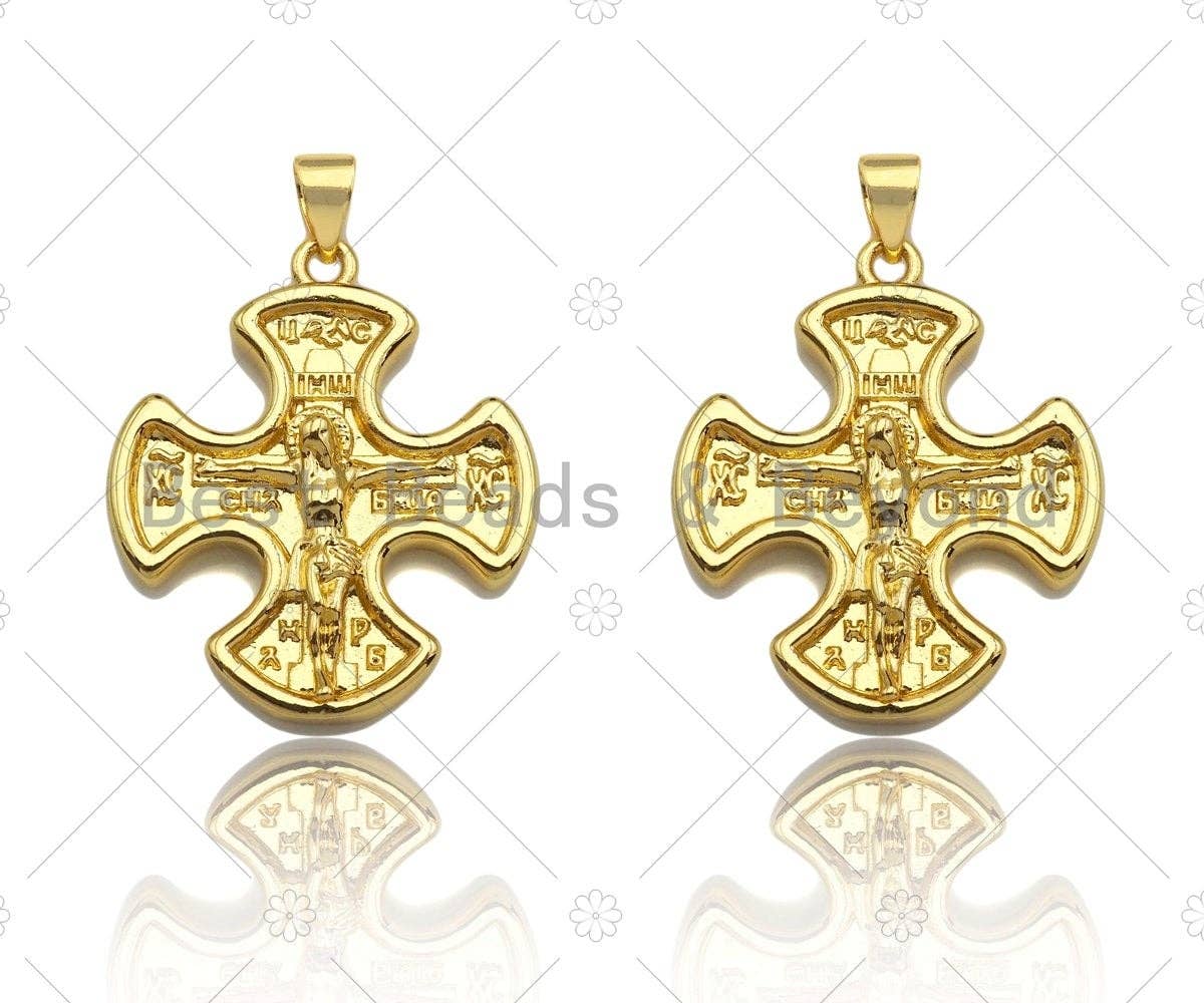 18K Dainty Gold Jesus On Cross Clover Shape Pendant/Charm, Jesus Carm,Necklace Bracelet Charm Pendant,23x27mm, Sku#LK224