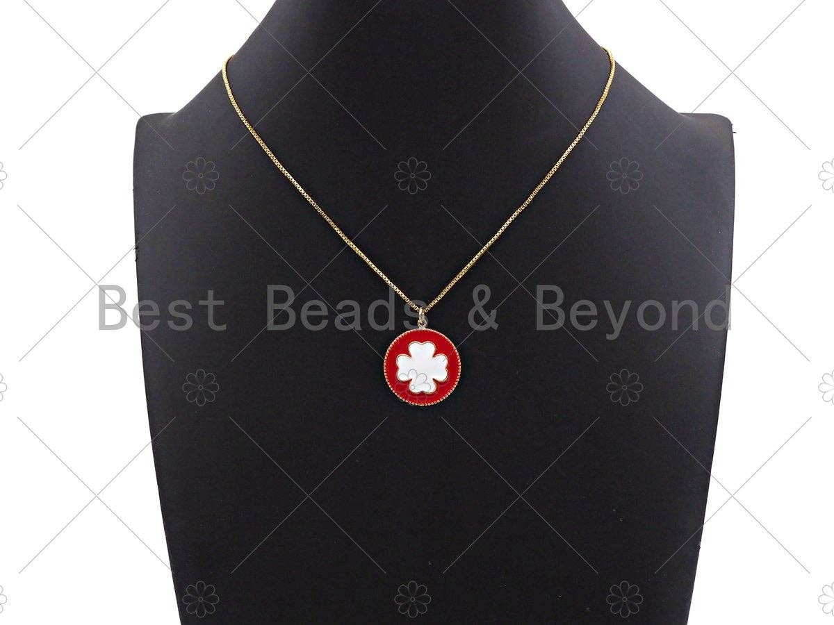White Enamel Clover On Red Round Coin Pendant,CZ Micro Enamel pendant,Enamel Charm,Enamel Jewelry,24x27mm,sku#Z1214