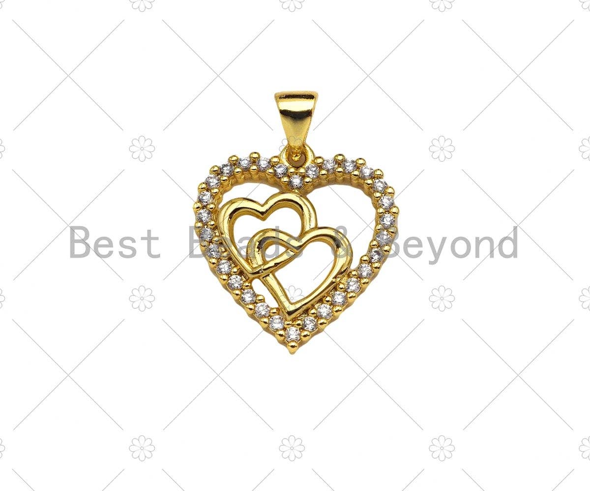 CZ Micro Pave Double Heart On Heart Shape Pendant,18K Dainty Gold Charm, Necklace Bracelet Charm Pendant,18x19mm,Sku#JL37
