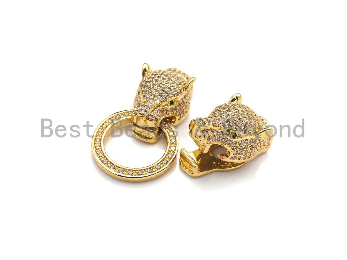 LARGE Clear CZ Micro Pave Panther Leopard Head Box Insert Clasp, Leopard Head Connector, Men's Jewelry Finding, 14x50mm, sku#C110