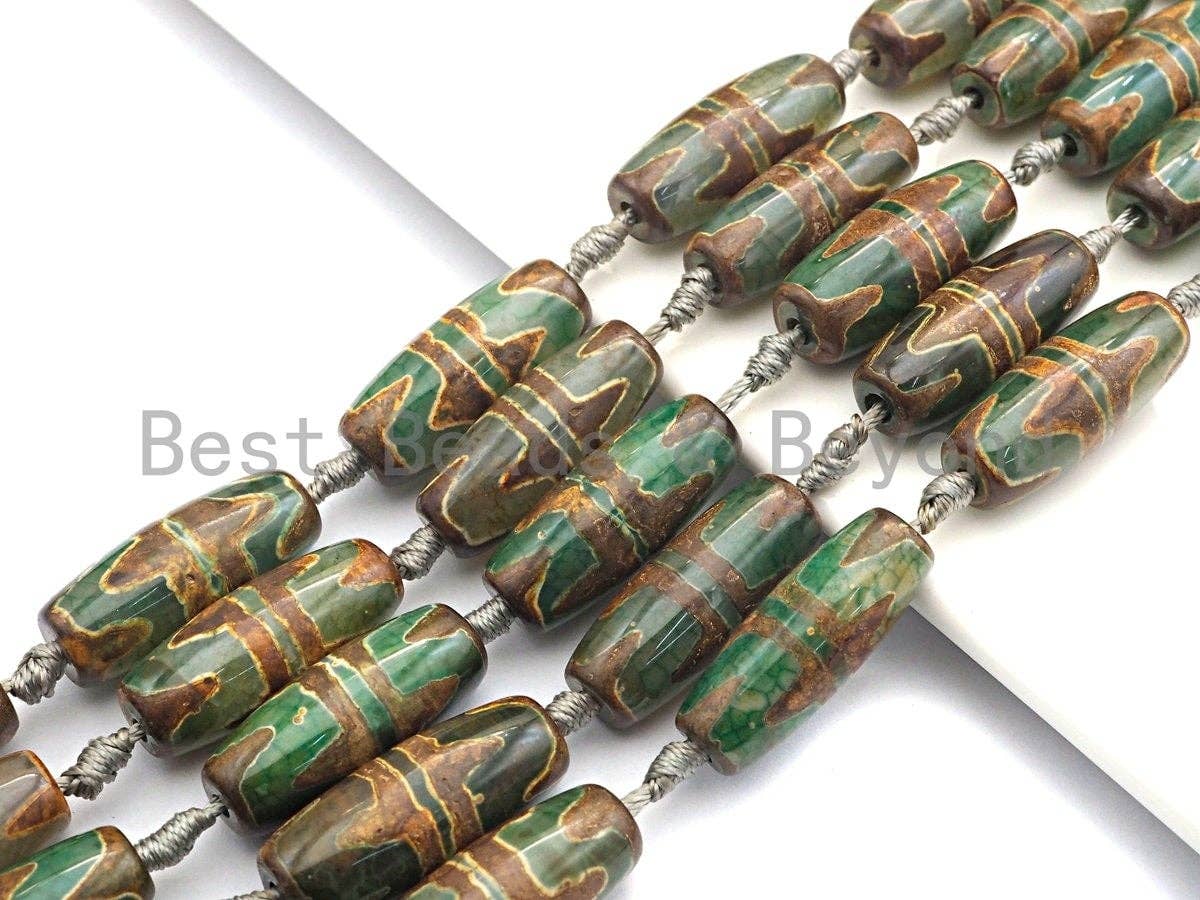 1pc/10pcs Natural Tibetan Agate Beads, Green Yellow Tibetan Long Oval Shape Beads, Dzi Agate Beads, 12x30mm, sku#U542