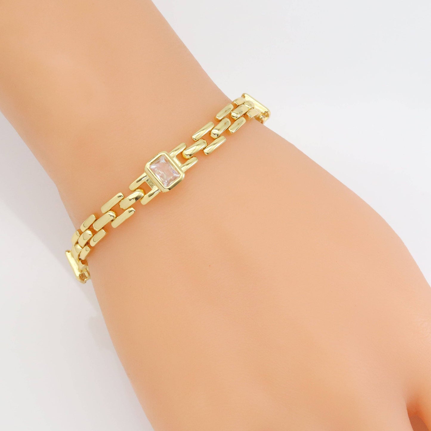 Colorful Square CZ Watch Link Chain Bracelet, Sku#LD519