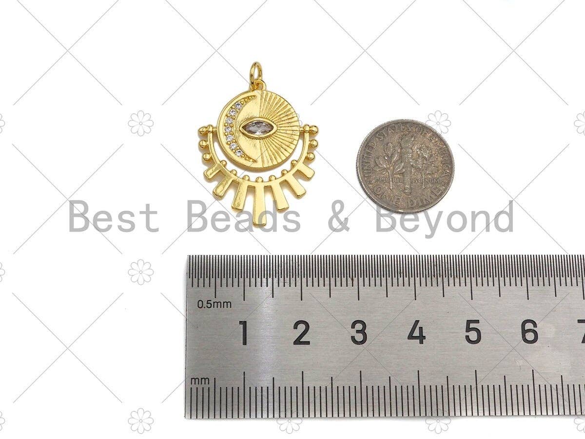 CZ Micro Pave Evil Eye Cresent Moon On Round Coin With Radial Pendant/Charm, Real Gold Plated Charm Pendant,22x27mm, Sku#L427