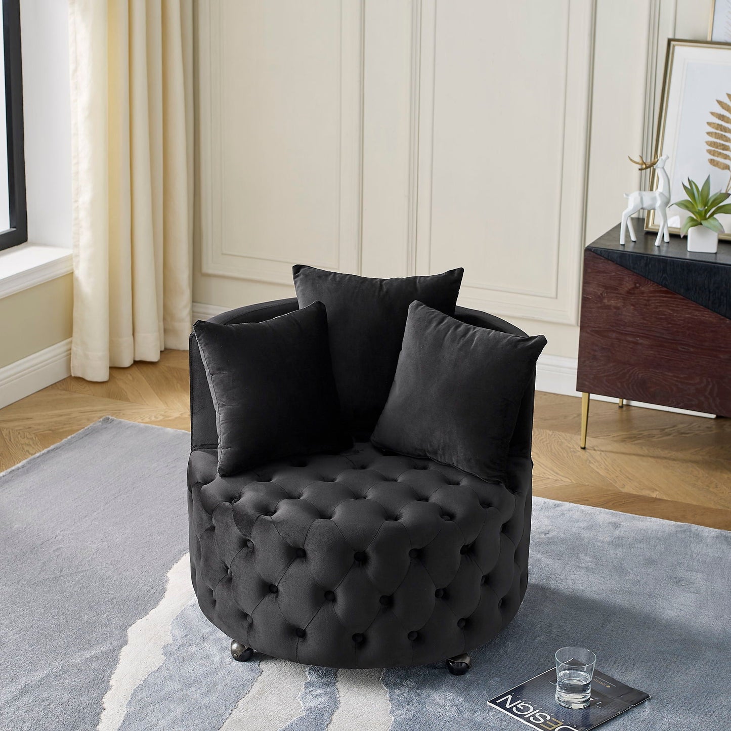Modern Upholstered Swivel Chair With Button Tufted Design And Movable Wheels